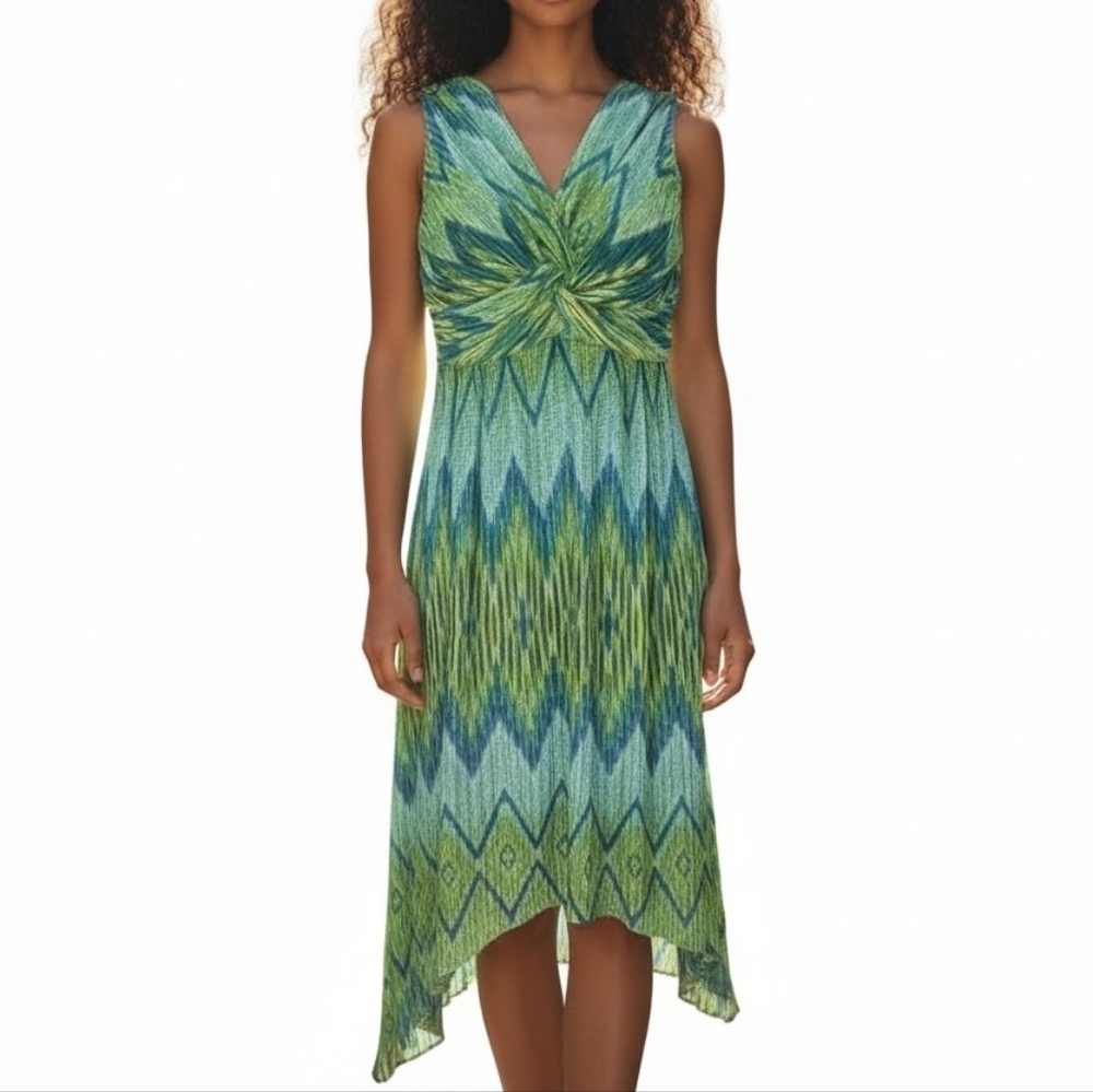 Chicos Dress Size 1 M 8 Green Blue Chevron Handkerchief Hem Sleeveless Knotted